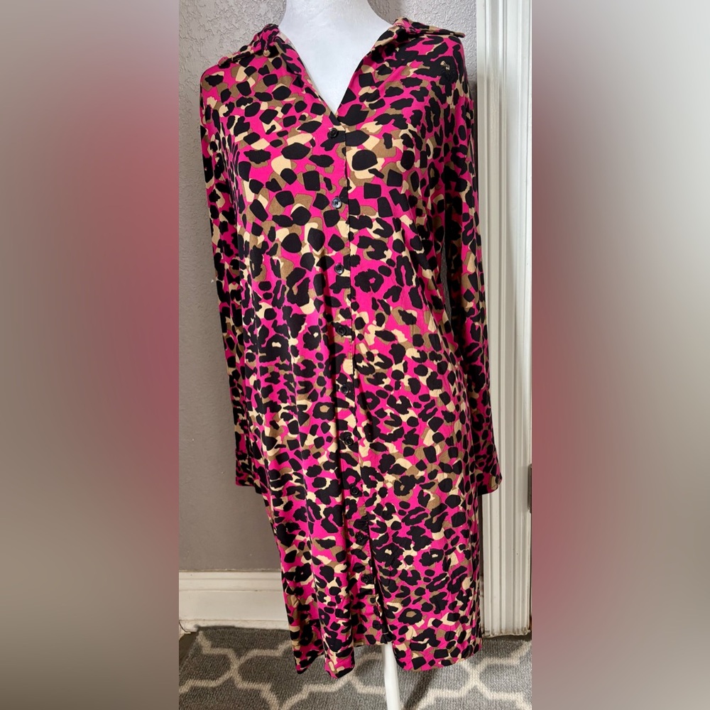 Anne Klein Pink and Black Animal Print Button Front Dress